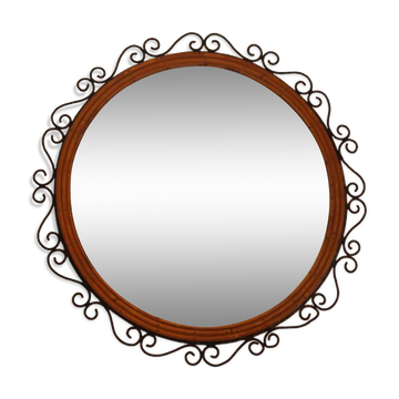 Round iron and rattan mirror