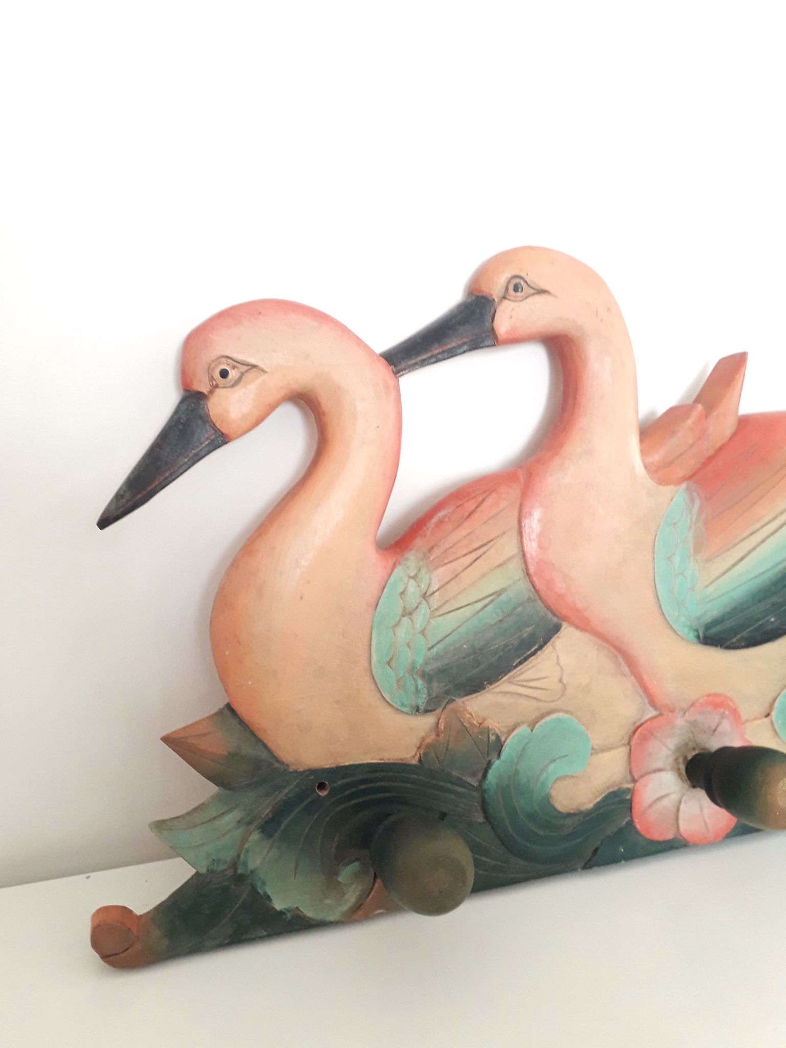 Vintage wall coat rack - Carved wood duck patterns - 1900