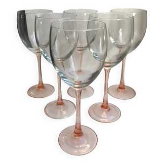 Set of 6 large pink-stemmed wine glasses Made in France 1970s
