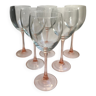 lot de 6 grands verres à vin à pieds rose Fabriqués en France années 1970