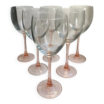 lot de 6 grands verres à vin à pieds rose Fabriqués en France années 1970