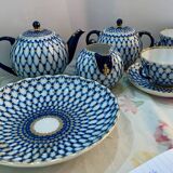 Service à thé russe en porcelaine Lomonosov en filet de Cobalt