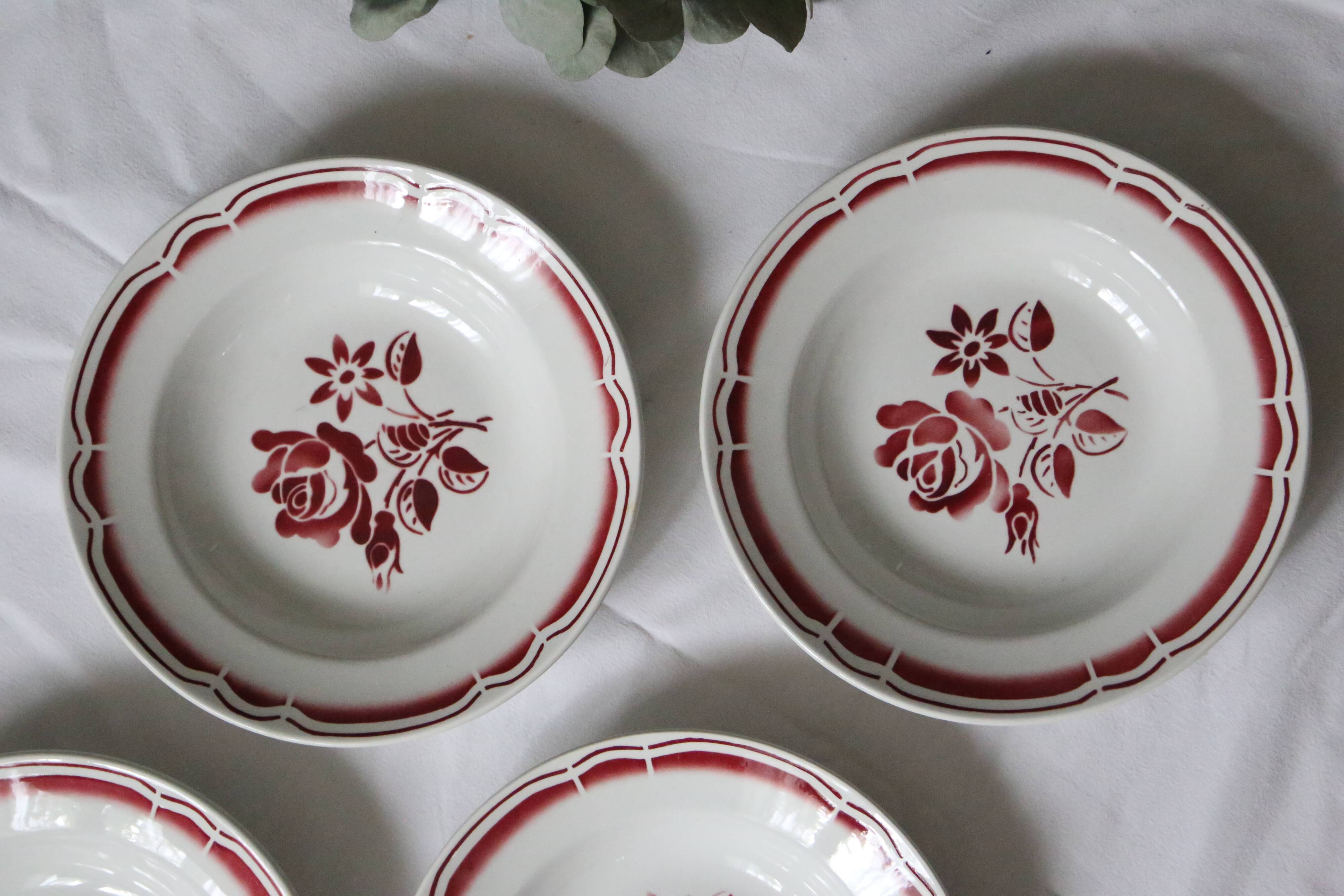 Set of 4 hollow plates Badonviller, red, vintage French, authentic, rare, countryside