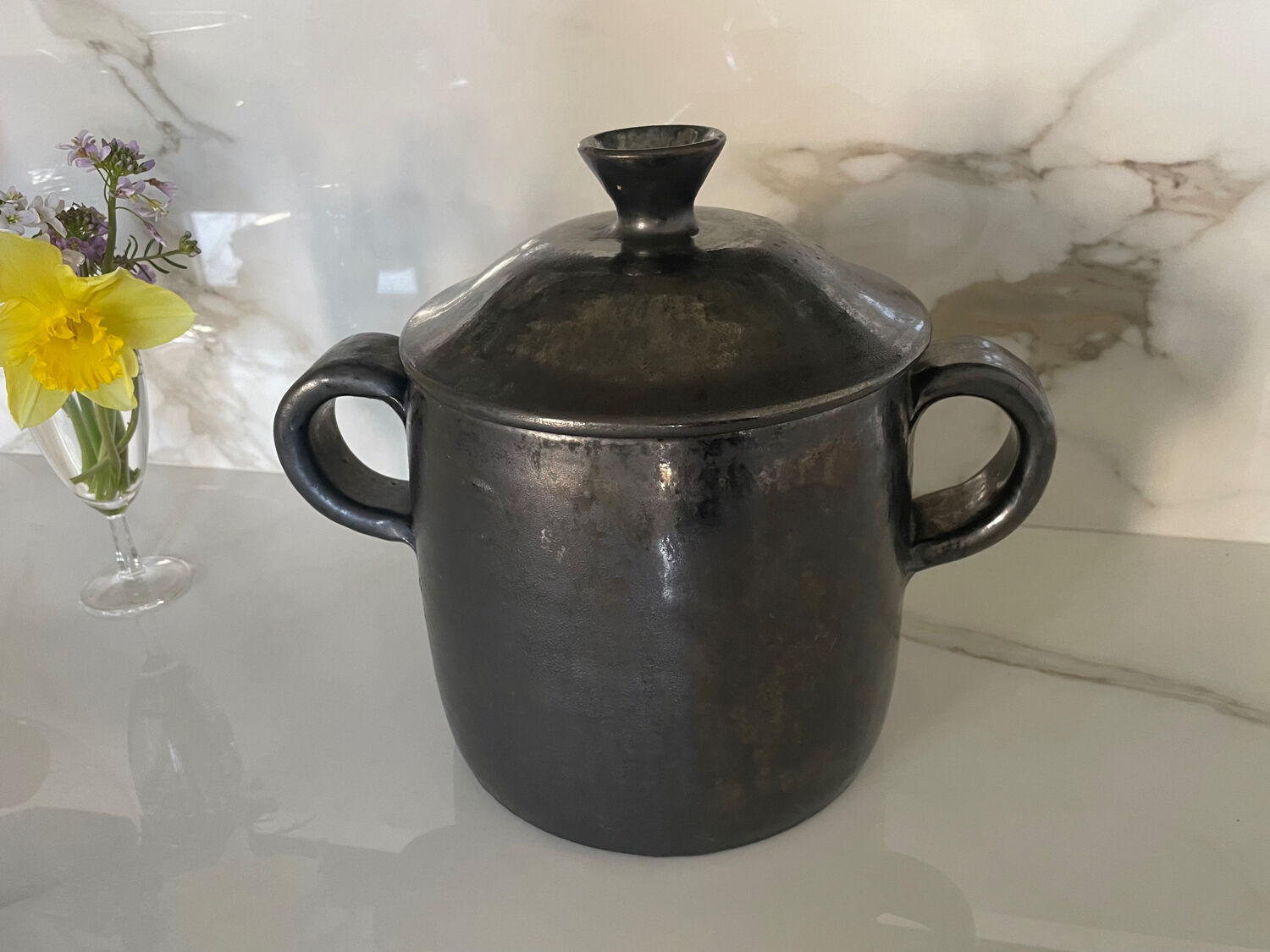 Black ceramic covered pot – Vallauris, 1950s