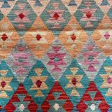 Afghan kilim rug colored red pink blue yellow diamond handmade wool