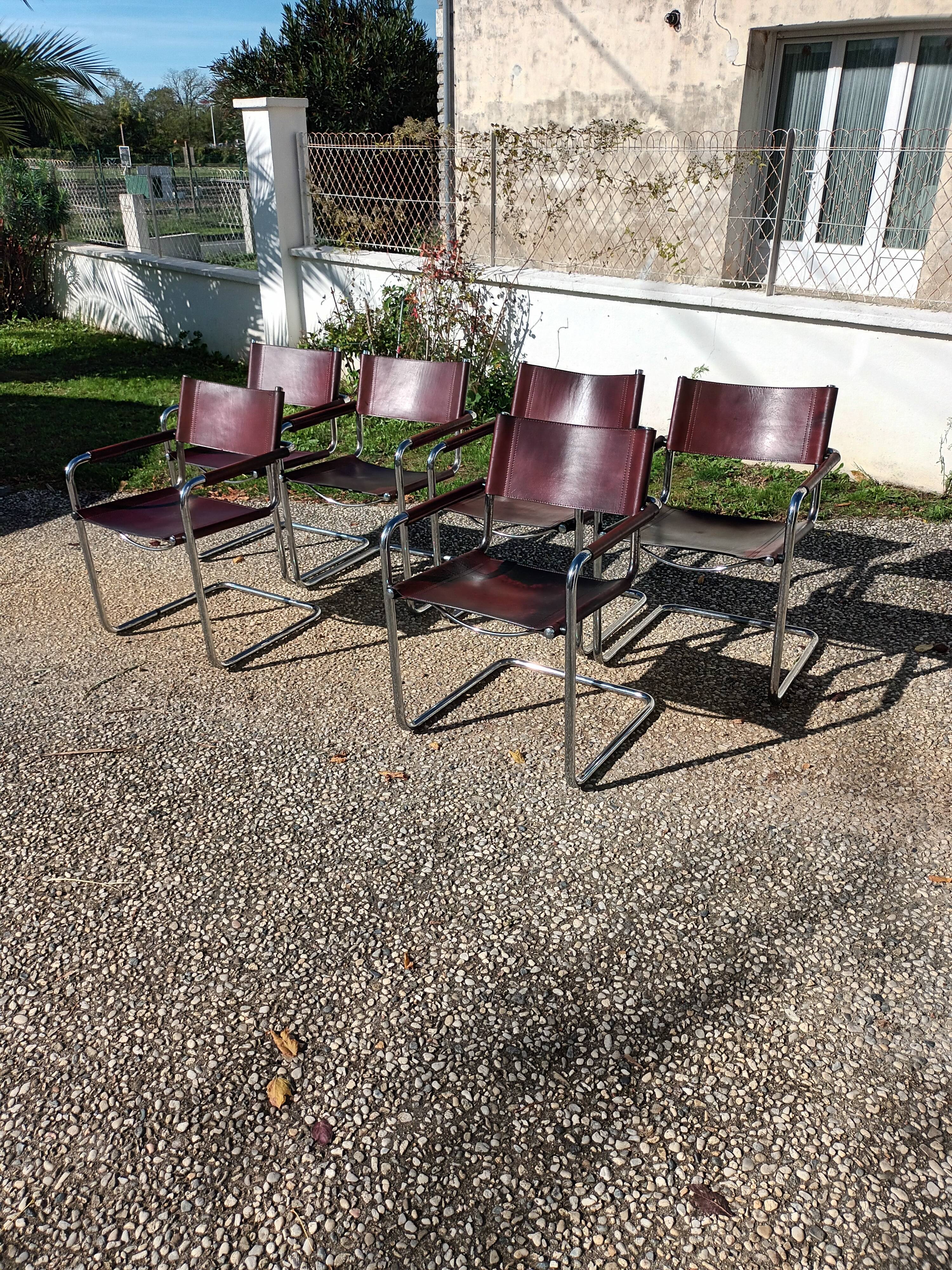 Set of 6 brown leather armchairs