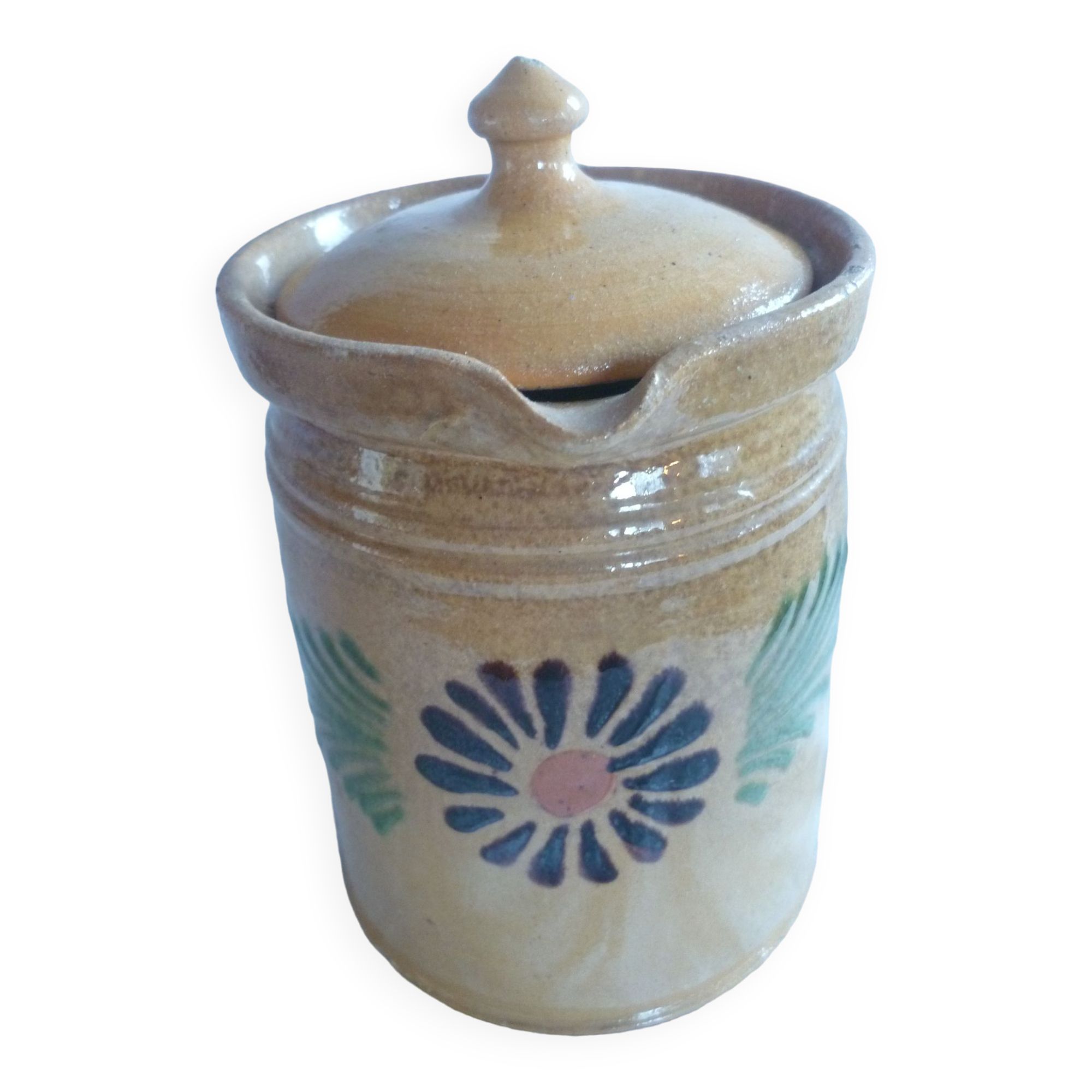 Milk jar / cream & its lid terracotta varnished Savoyard folk art chalet deco collector