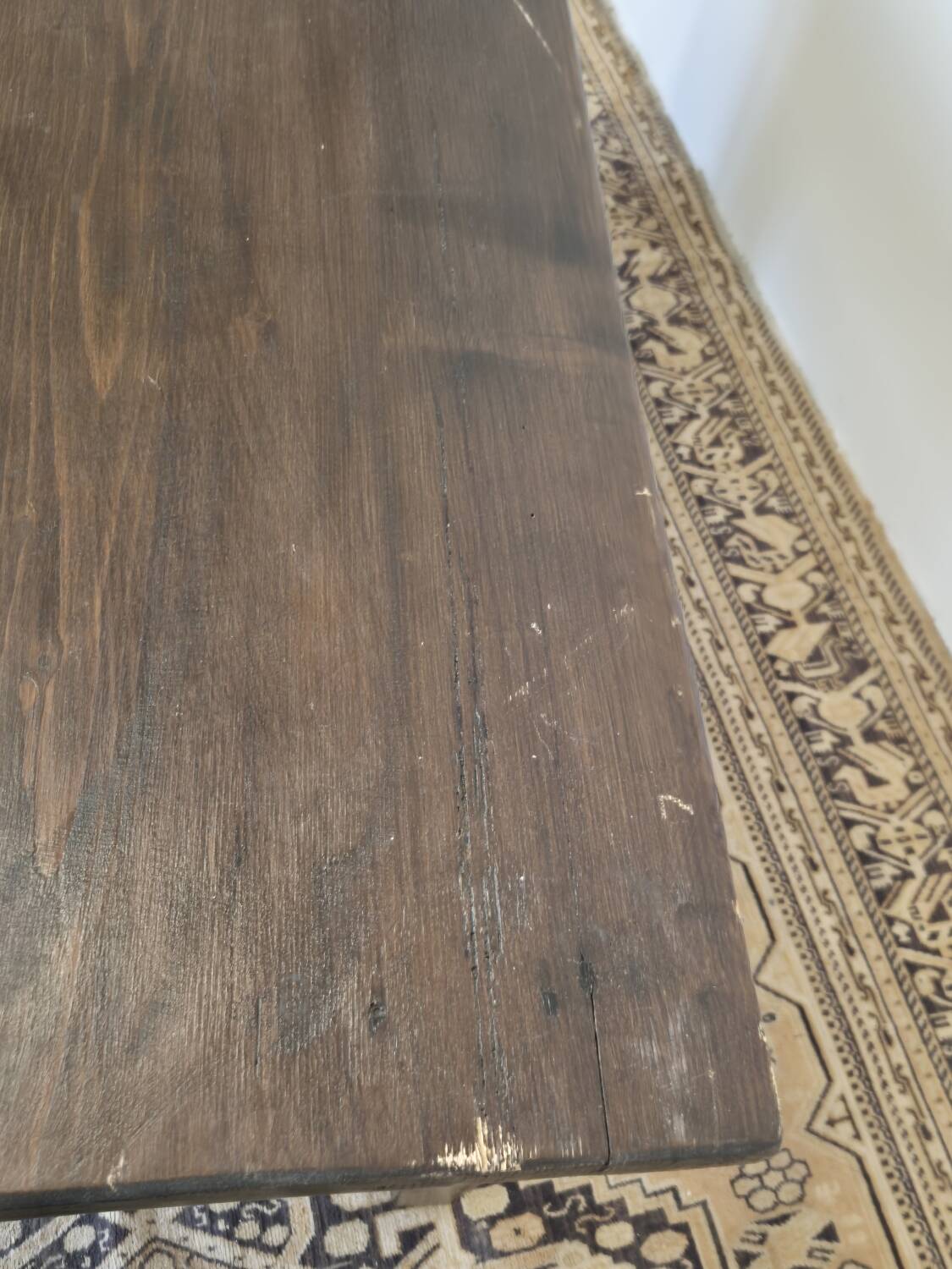 Rustic farmhouse coffee table from the 1900s with two drawers.