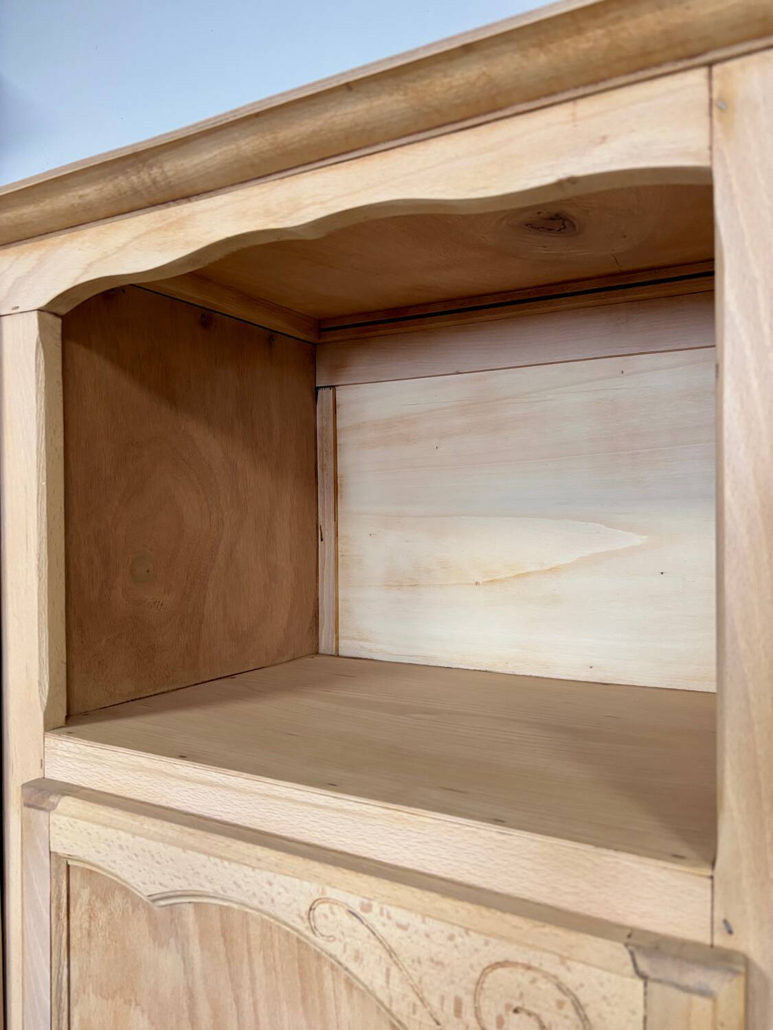 Renovated antique wardrobe – natural wood & sage green interior