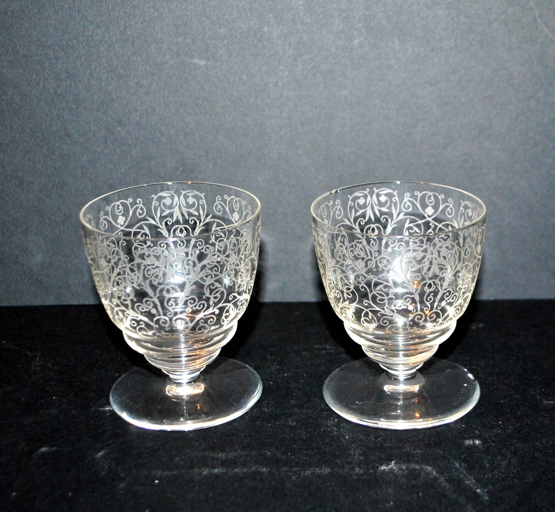 Set of 2 lulli crystal liqueur glasses signed baccarat art déco arabesque