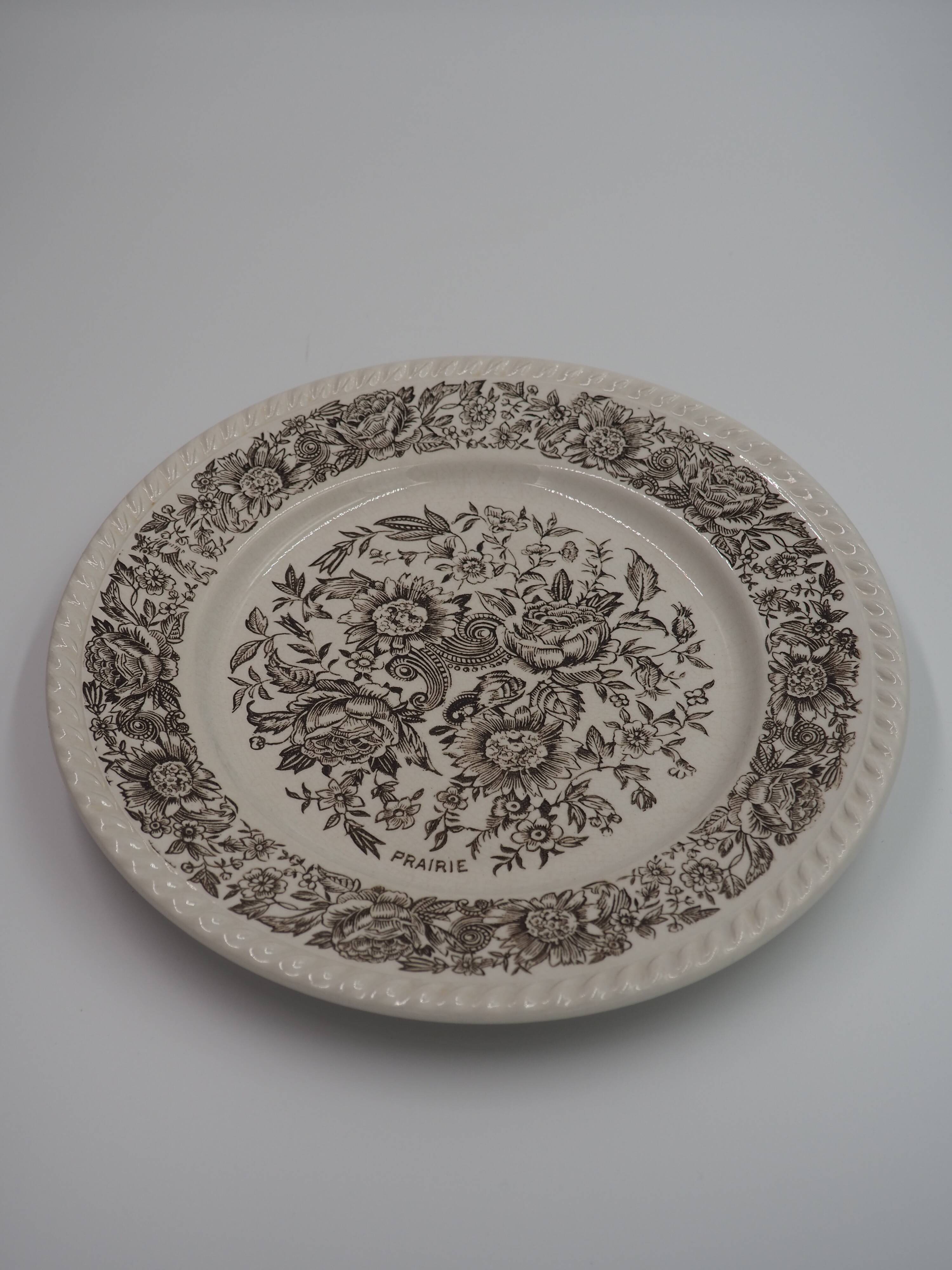 Set of 12 white plates - Brown floral patterns, vintage prairie charm