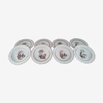 Set of 8 hollow porcelain plates by France Digoin décor Asian scenes