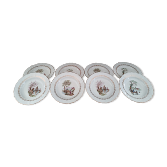 Lot de 8 assiettes creuses en porcelaine de France Digoin décor scènes asiatiques