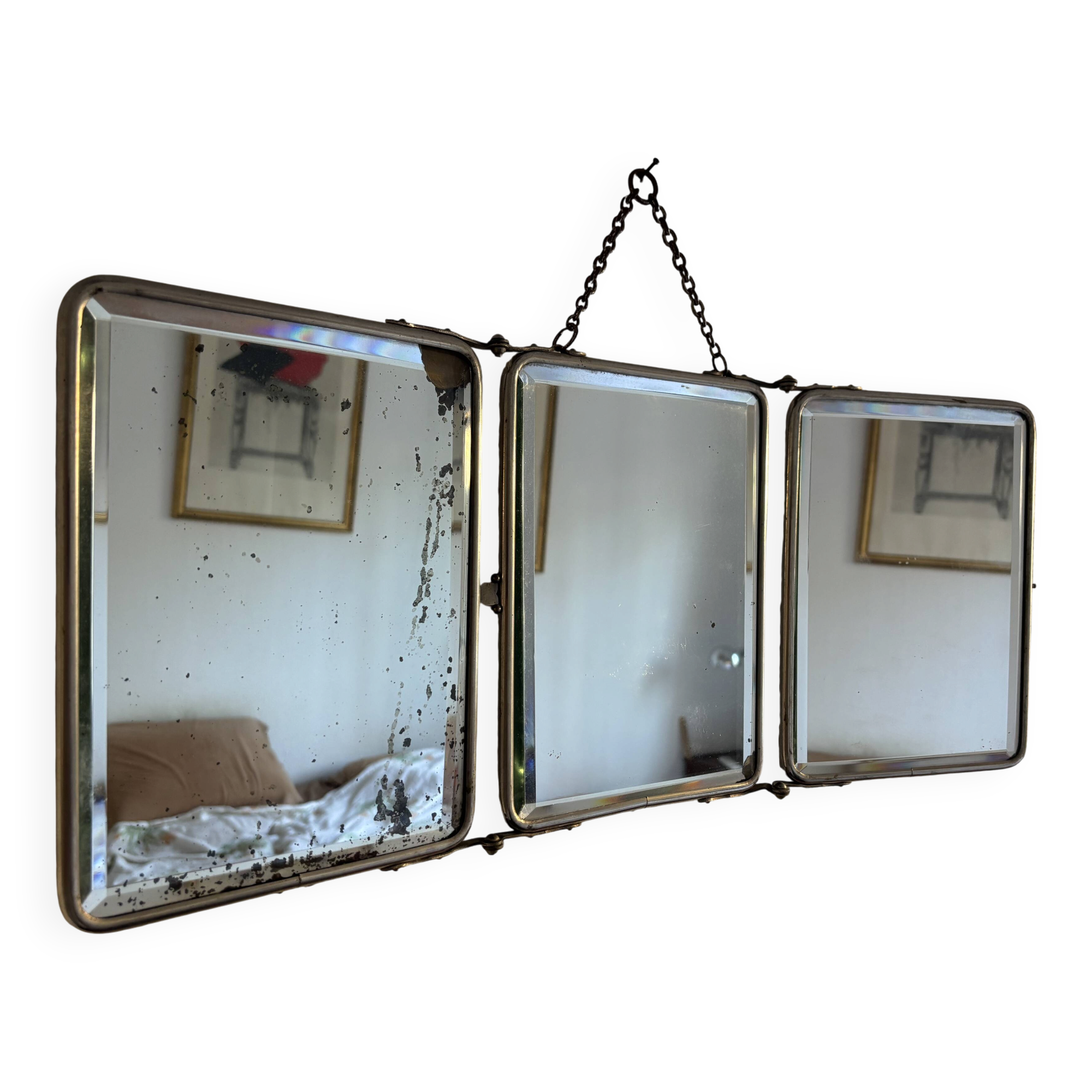 Vintage 1950 triptych mirror barber beveled crystal hairdresser - 25 x 59 cm