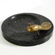 Beautiful, large black granite valet tray featuring a brass peacock, circa