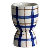Coquetier en céramique, motif à carreaux bleu et beige