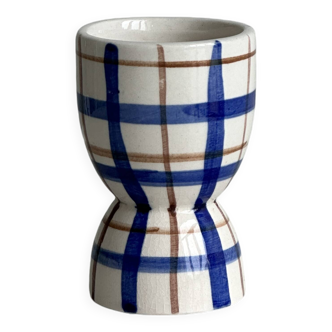 Ceramic egg cup, blue and beige checkered pattern
