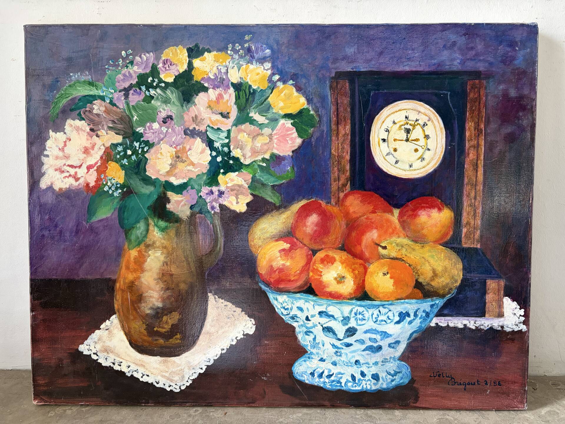 Fleurs champêtres et fruits, nature morte signée 1996
