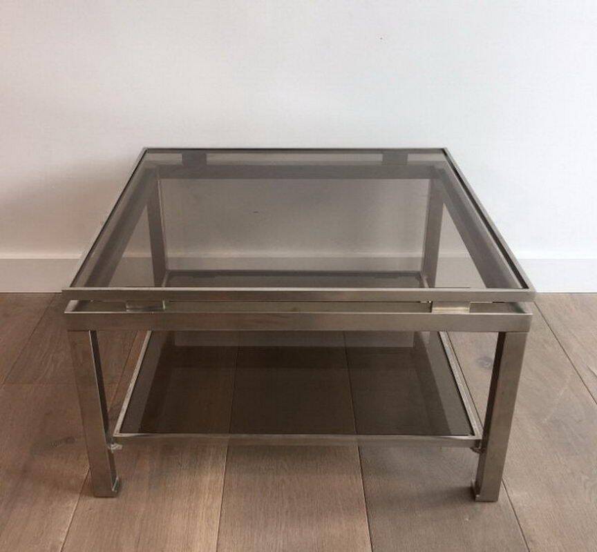 Pair of side tables in brushed steel. Guy Lefèvre for Maison Jansen