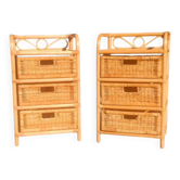 vintage pair of bedside tables in rattan & wicker • 1970s • 3 drawers