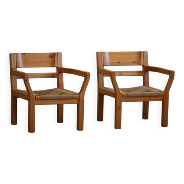 Tage Poulsen, Pair of brutalist chairs in pine and rope, Danish Modernity, 1970s
