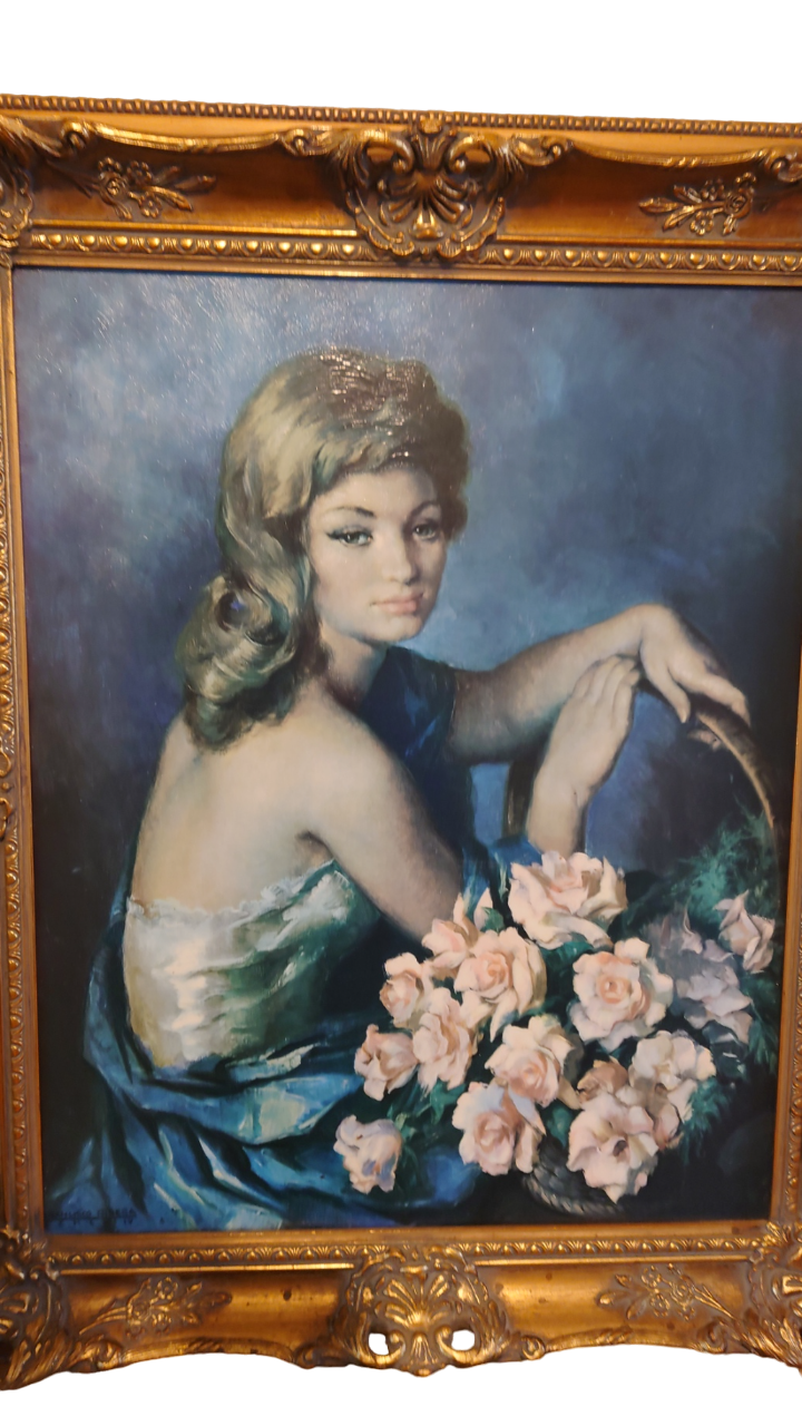 Oil on canvas signed Francisco Ribera woman with bouquet of