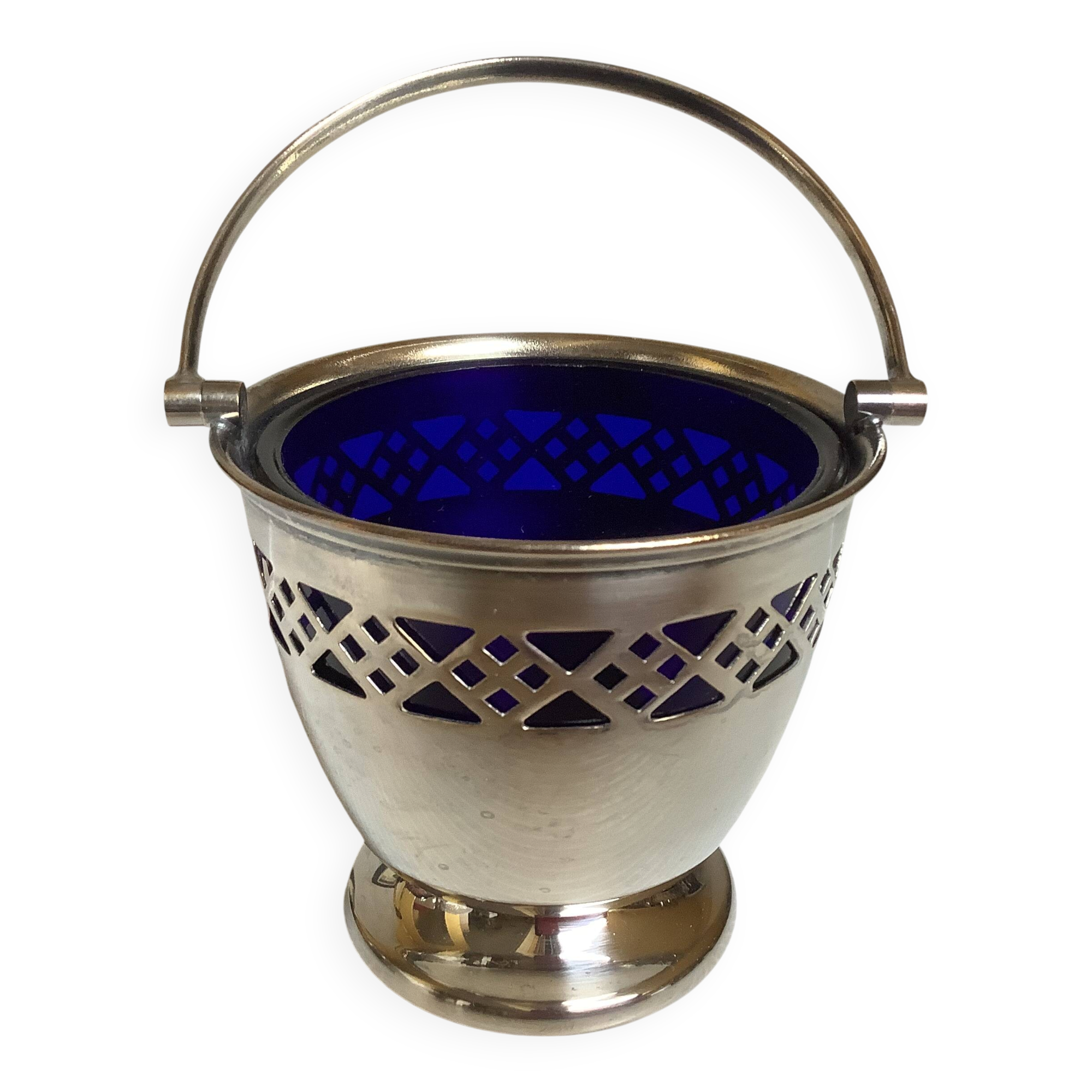 Blue and silver metal sweet jar.