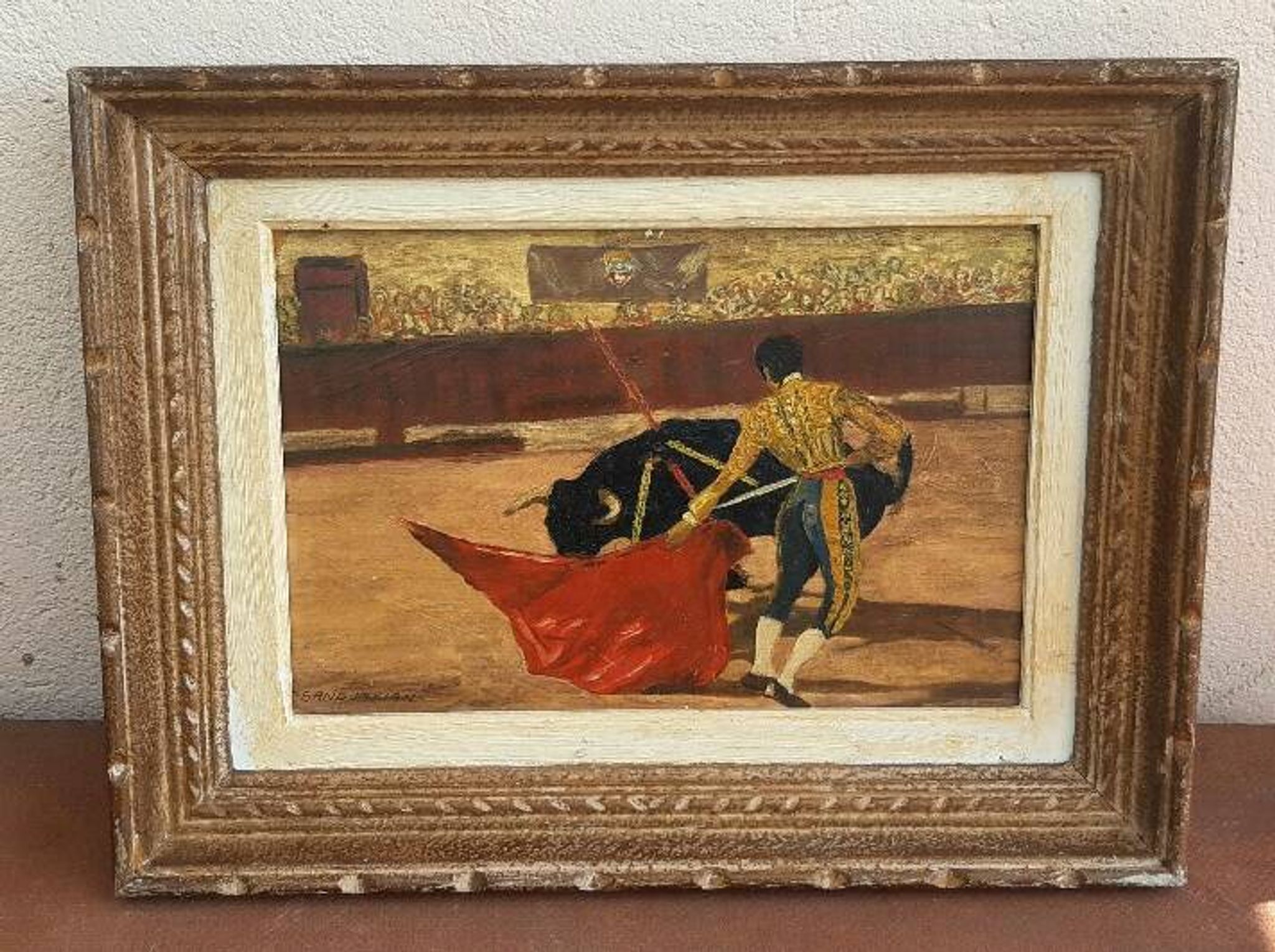 Oil on cardboard, bullfighting scene, mid-20th century.