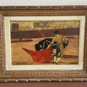 Oil on cardboard, bullfighting scene, mid-20th century.