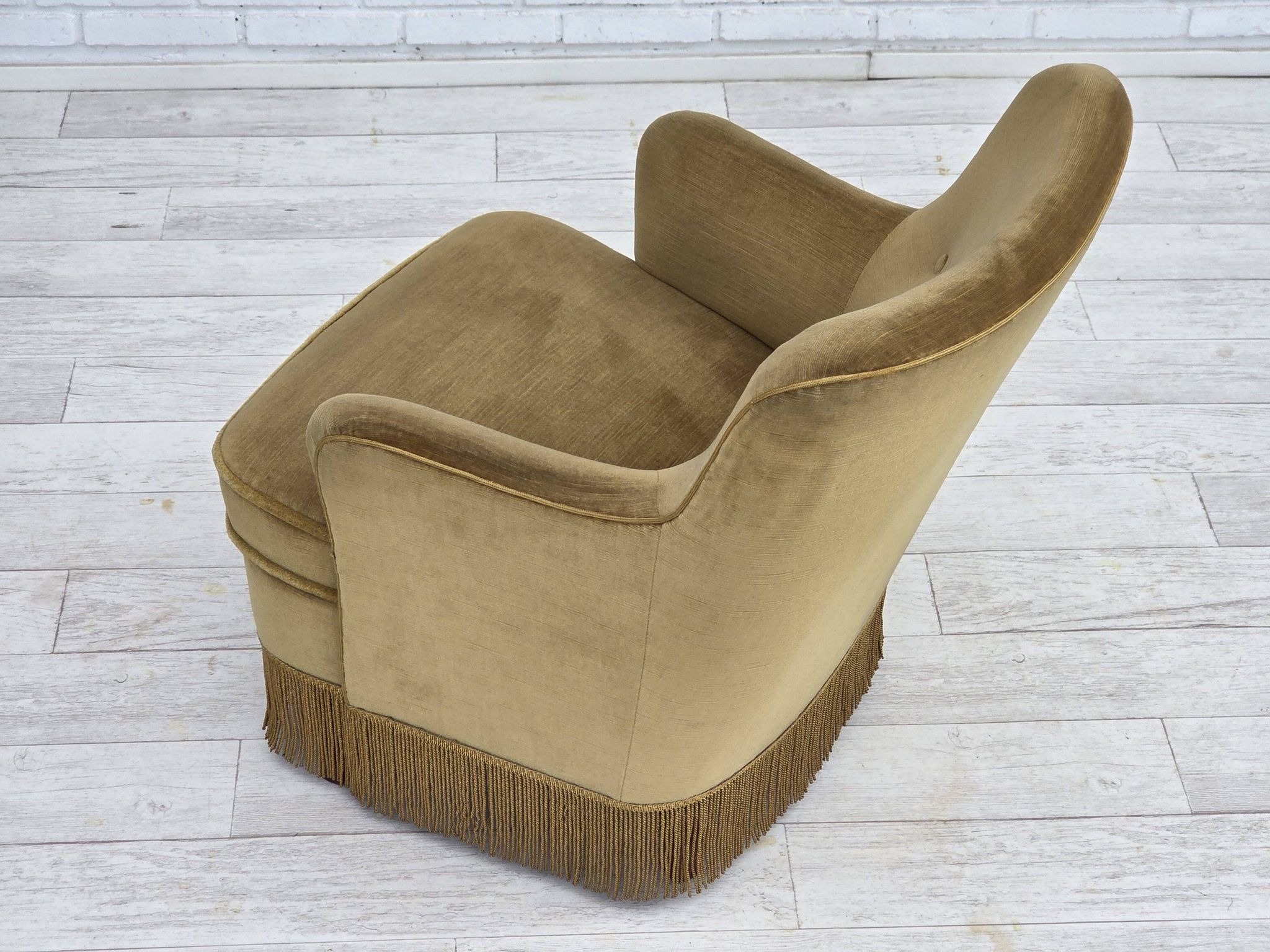 1970s, Danish lounge chair, light green furniture velour, beech wood.