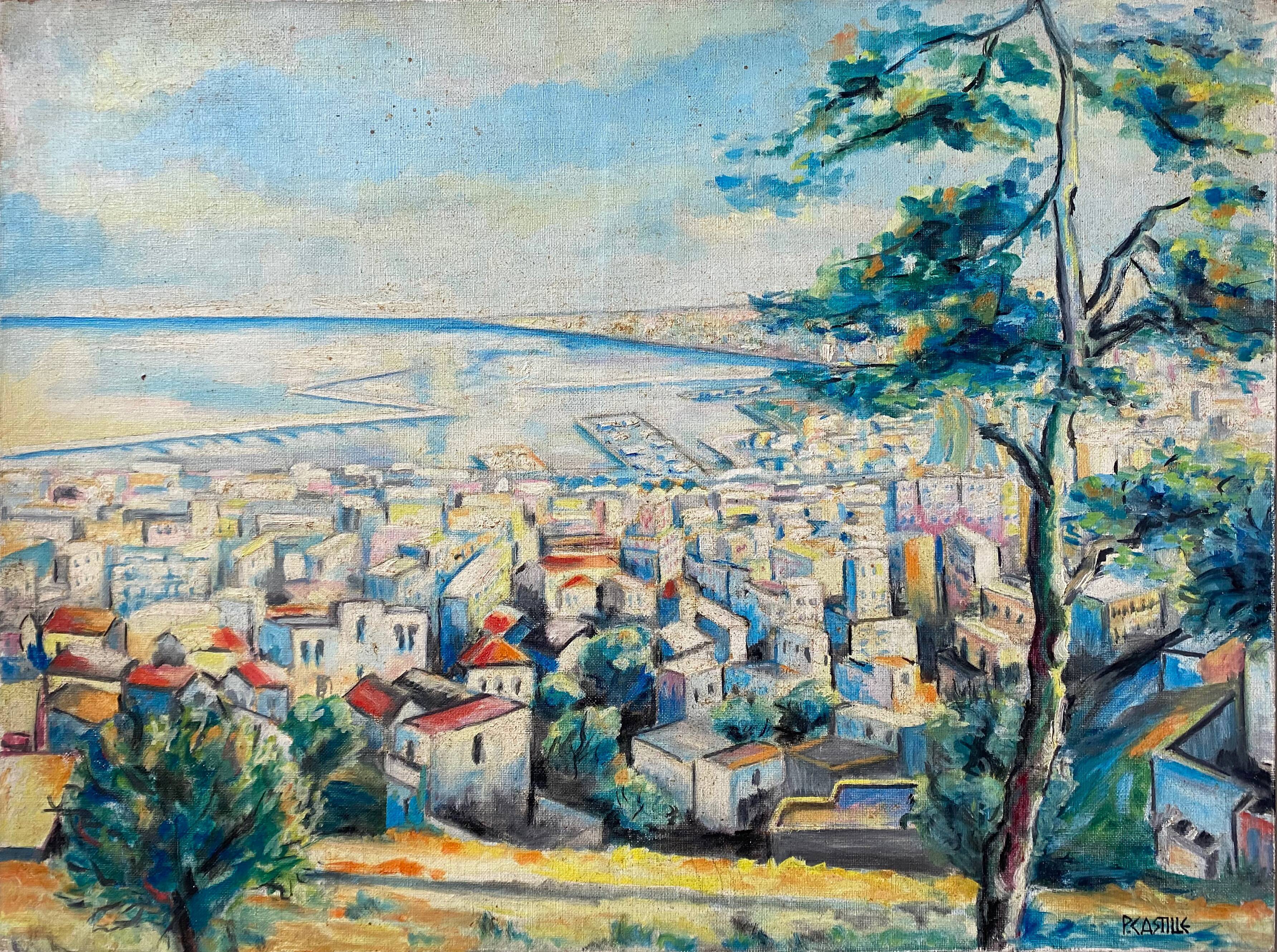 Marine painting "Mediterranean Port" post cubist signed P. Castille Orientaliste