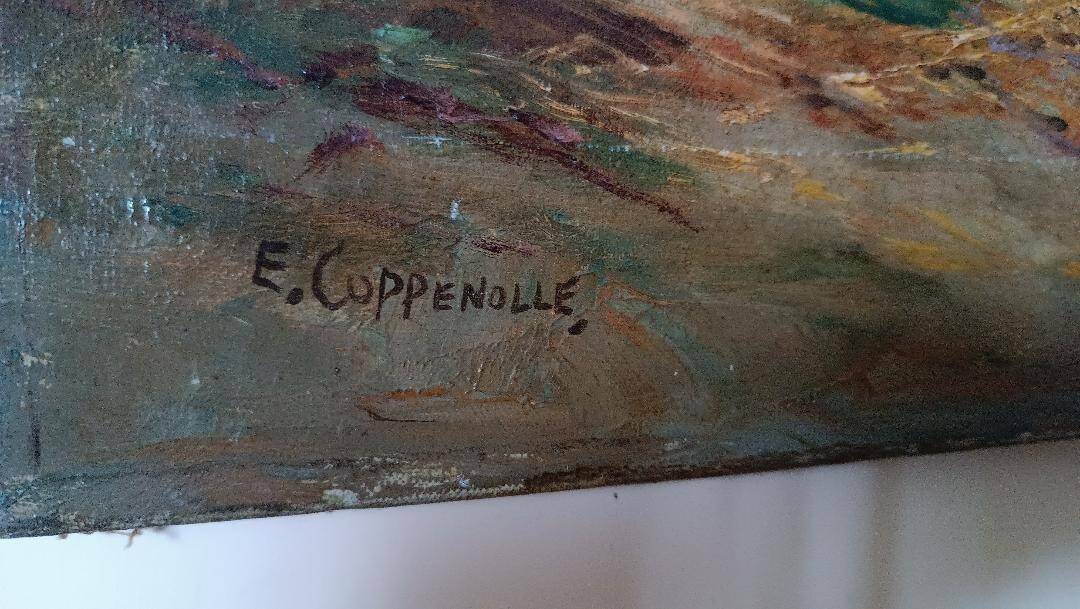 Oil painting on canvas Edmond Van Coppenolle (1846-1914) Landscape with chickens