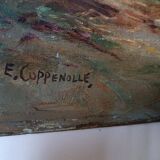 Oil painting on canvas Edmond Van Coppenolle (1846-1914) Landscape with chickens