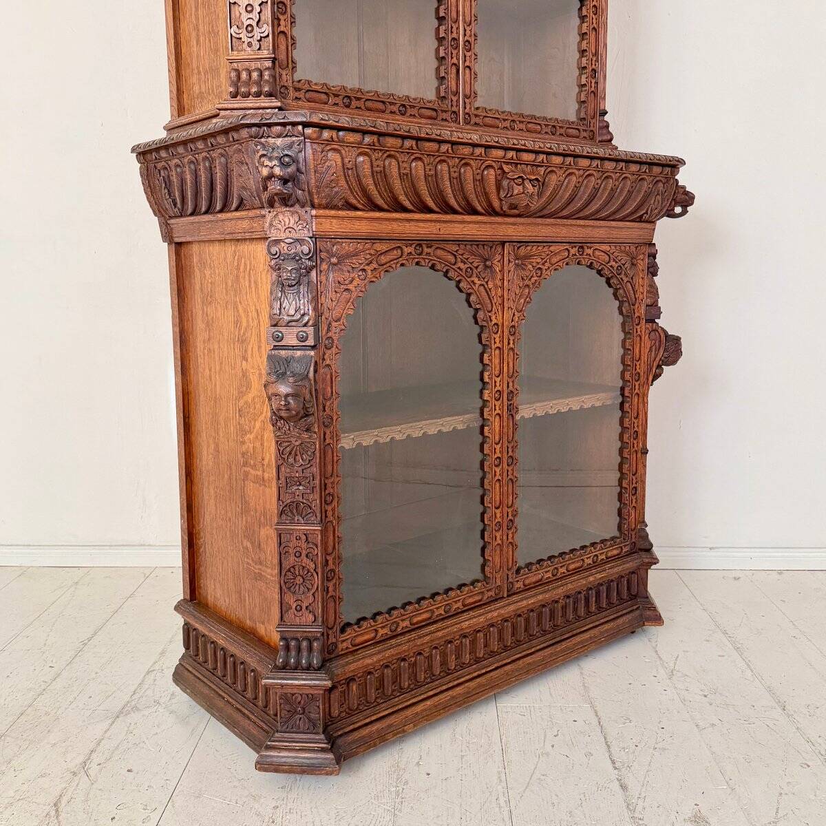 Antique Neo-Renaissance Oak Bookcase with Figural Carvings, 1870
