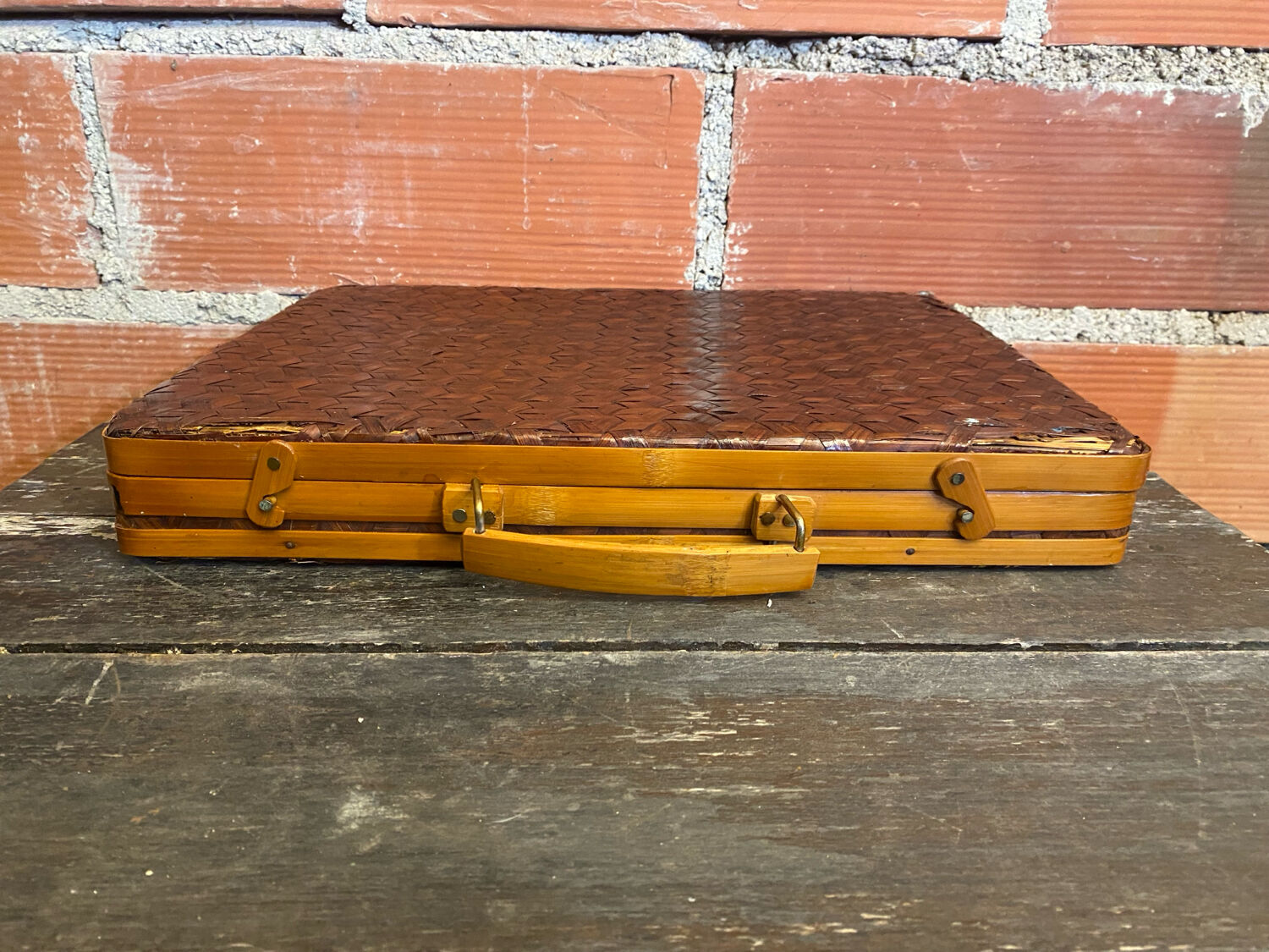 Vintage Wooden & Woven Bamboo Transport Box #D624