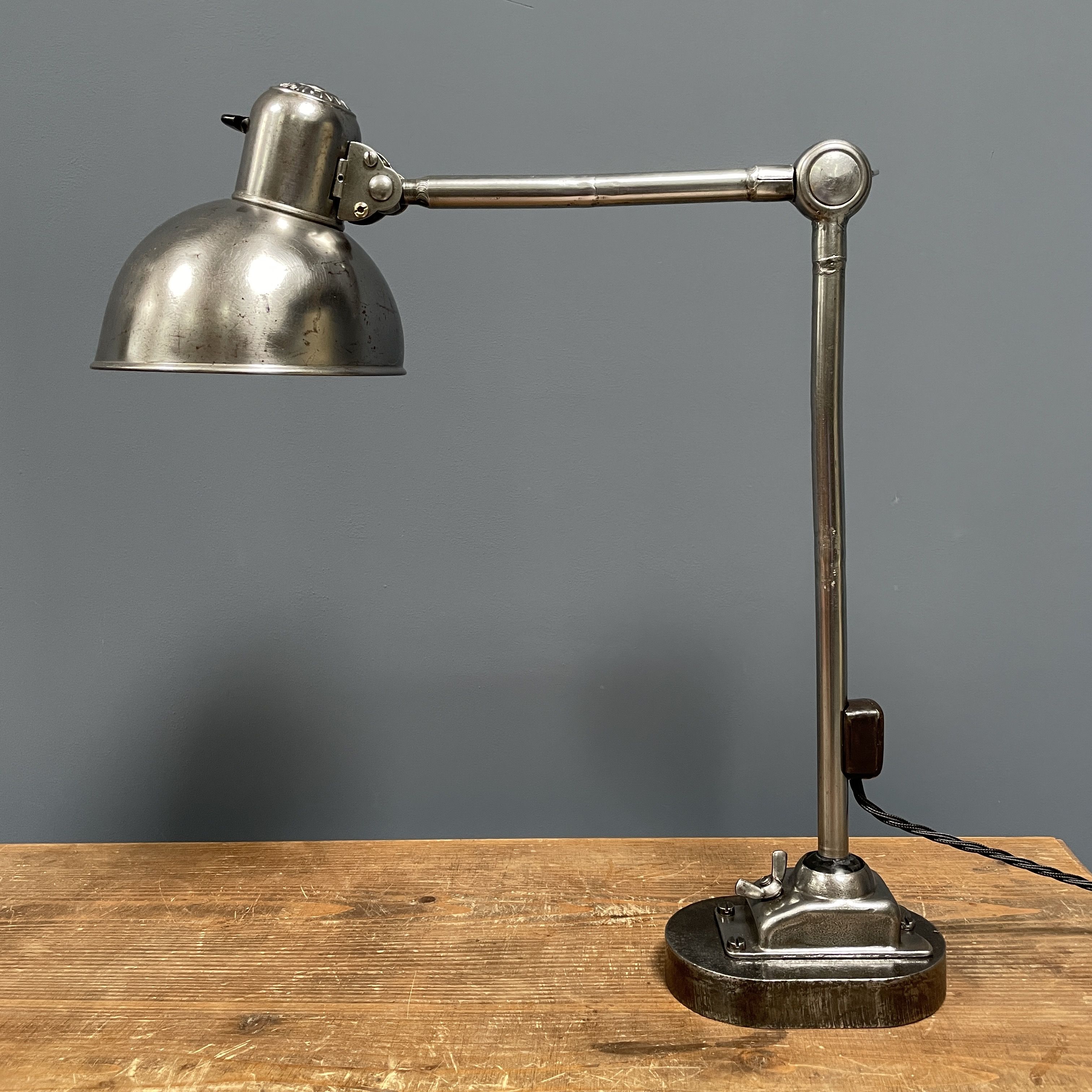 Polished Kaiser idell model 6726 workshop table lamp from the 1930s