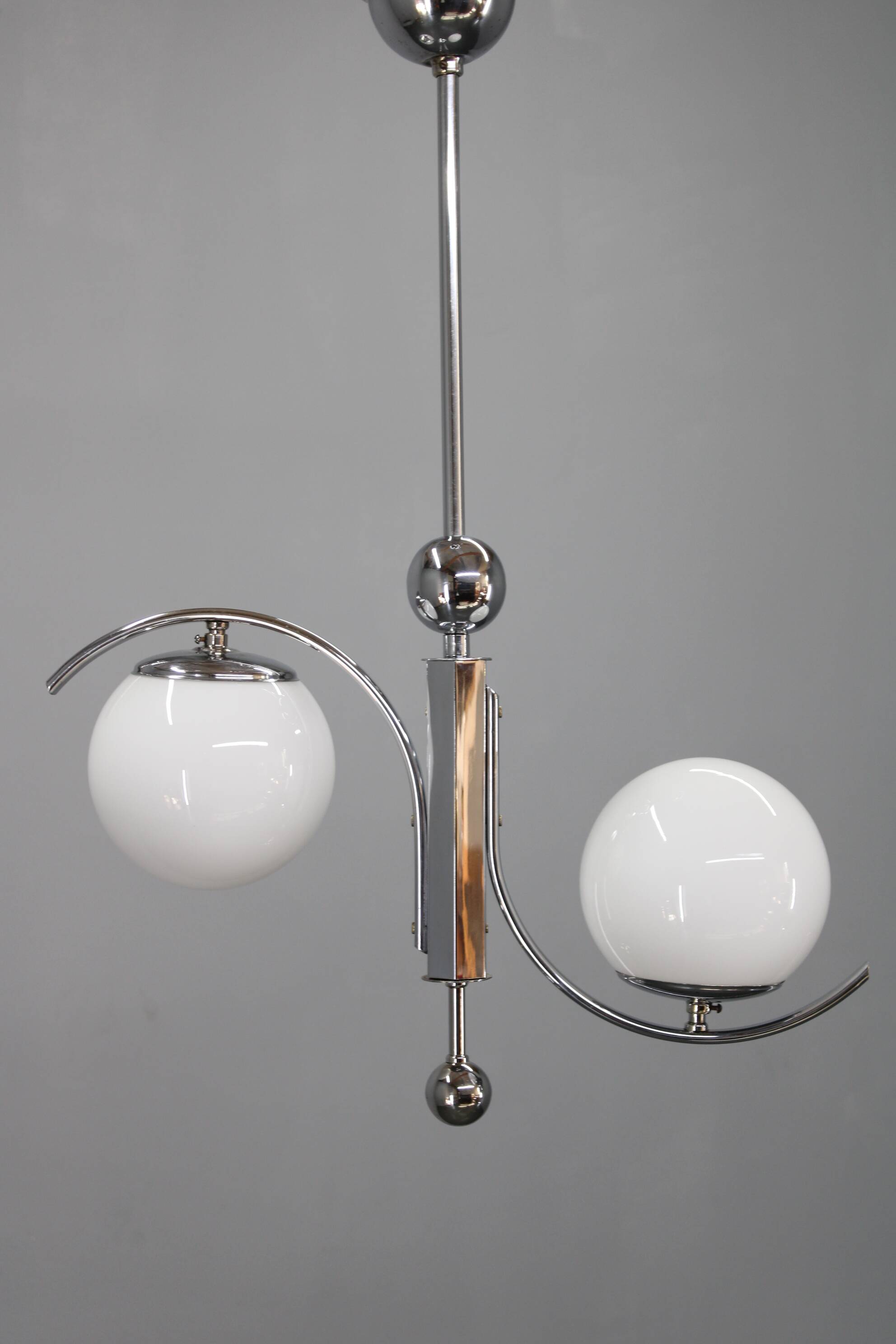 Czechoslovak Art Deco chrome chandelier with opaline glass, 1930s