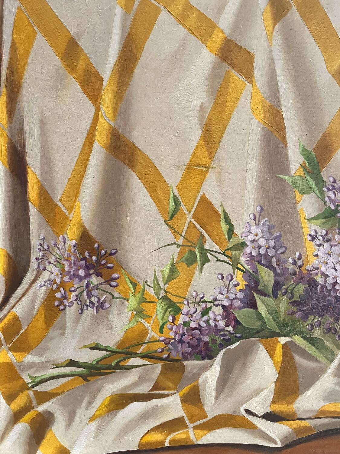 Old painting, oil on wood, lilac flowers on drapery by Sarret.