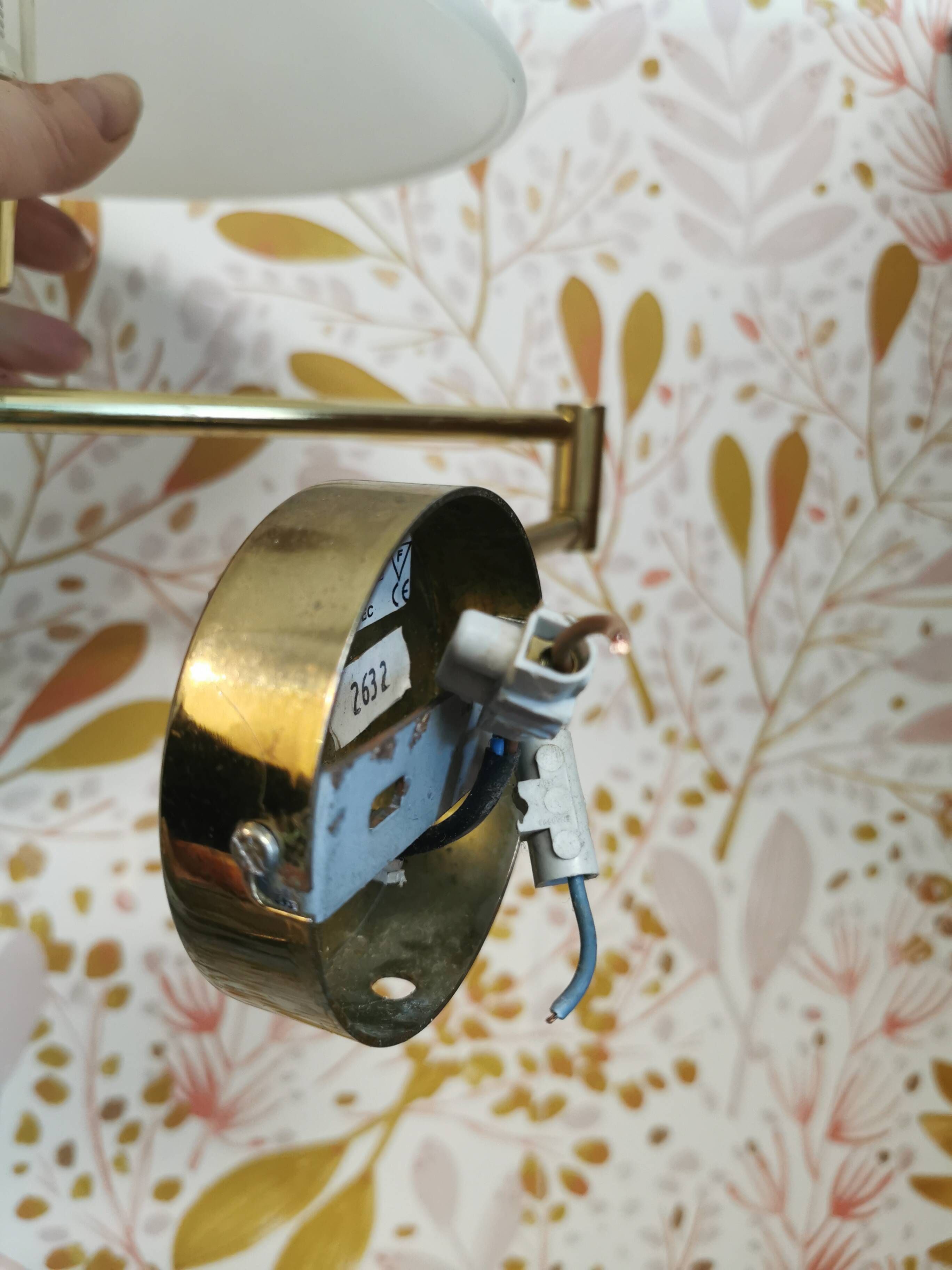 Brass wall lamp with vintage articulated arm, glass and brass shade