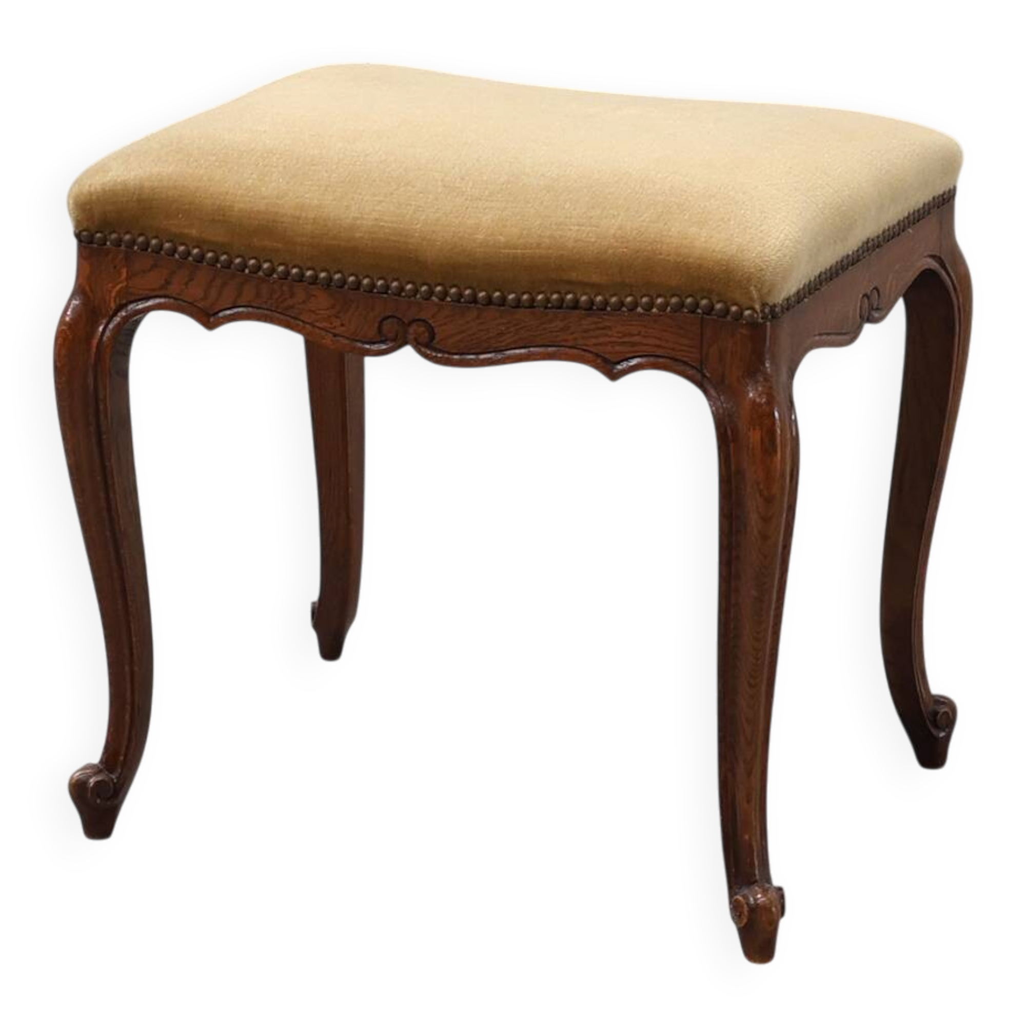 Louis XV Style Walnut Stool with Cabriole Legs and Velvet Seat, France, 20t