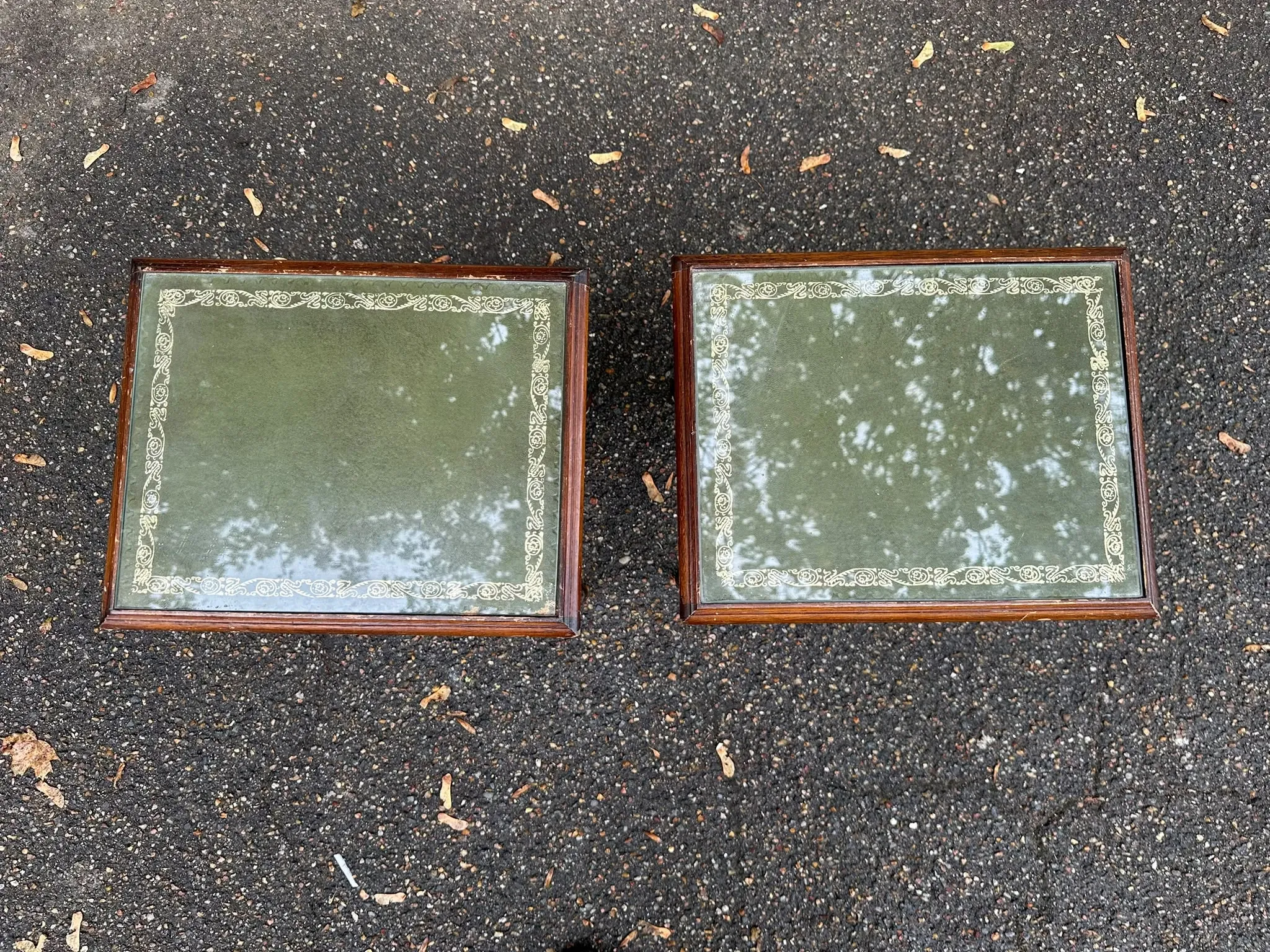 2 side tables, English Regency style, green leather & glass, 1960s.