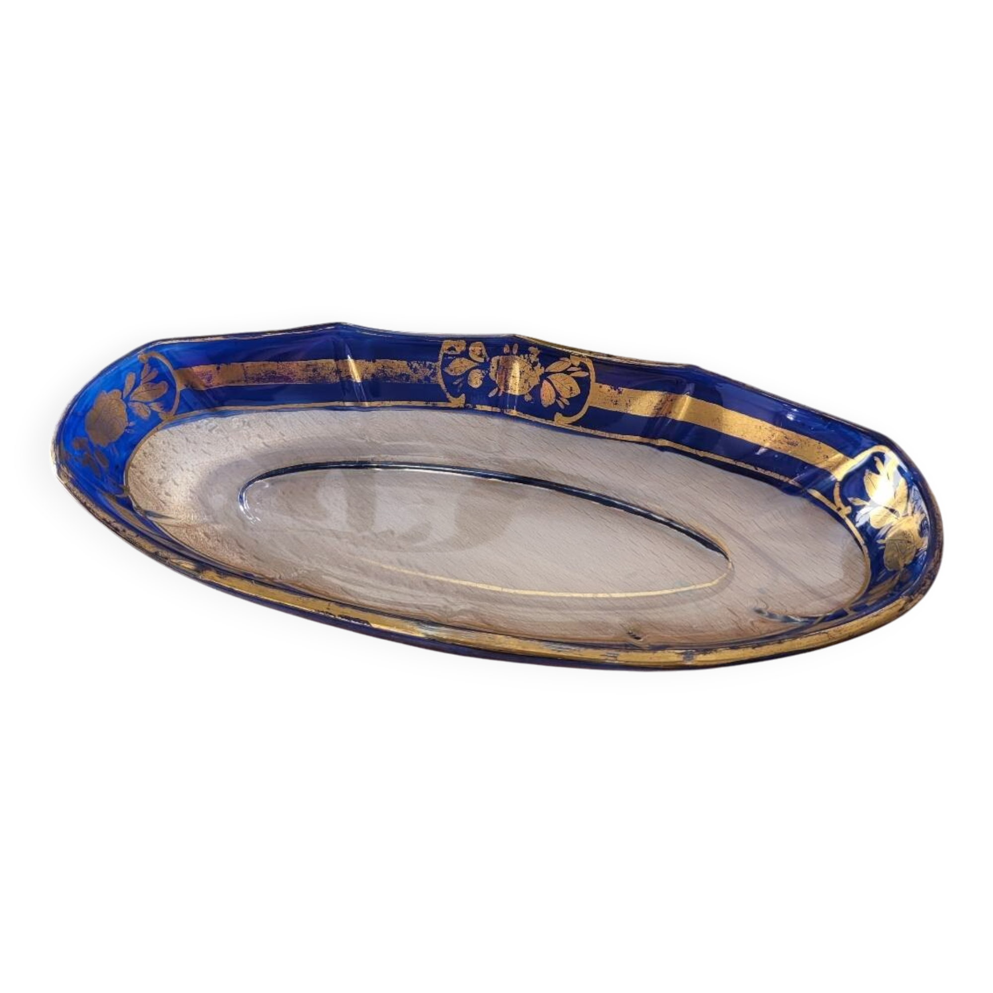 Blue and gold glass dish