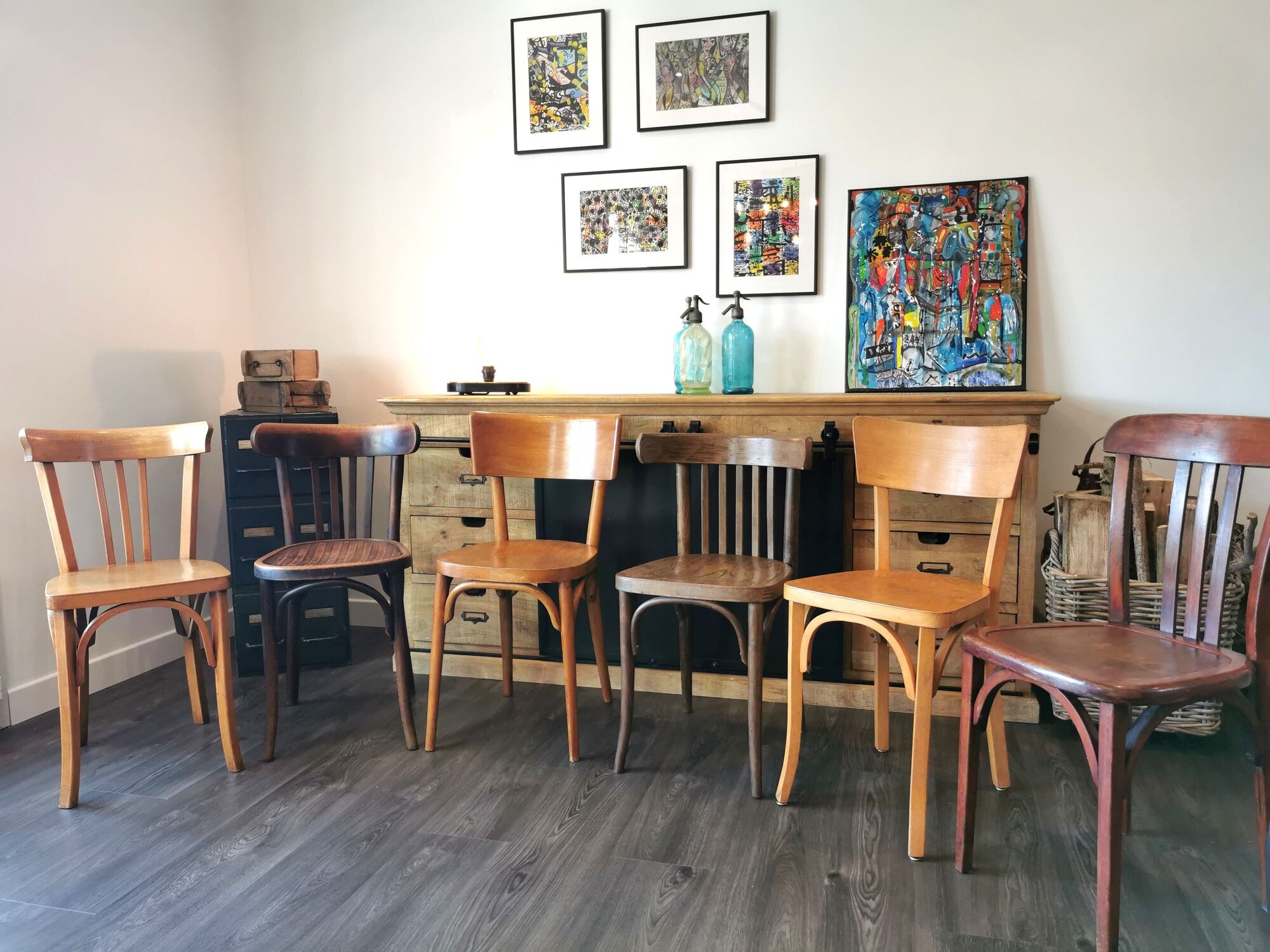 Baumann Stella and Luterma series of 6 mismatched bistro chairs