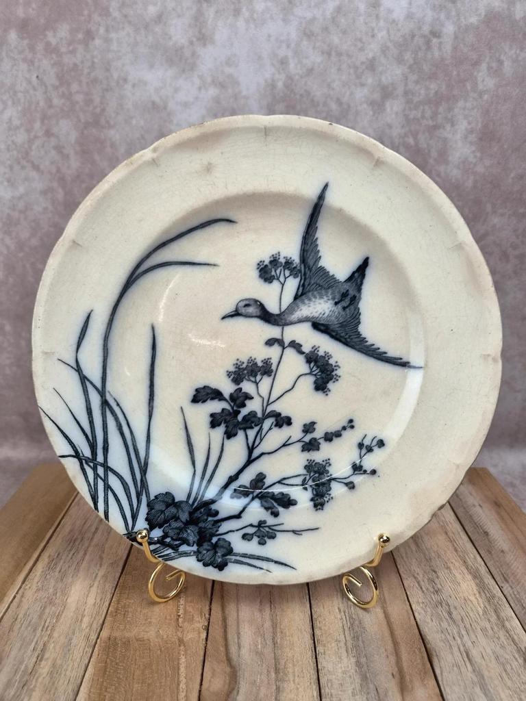 Antique Longwy plate – Japanese model – black and white bird decoration