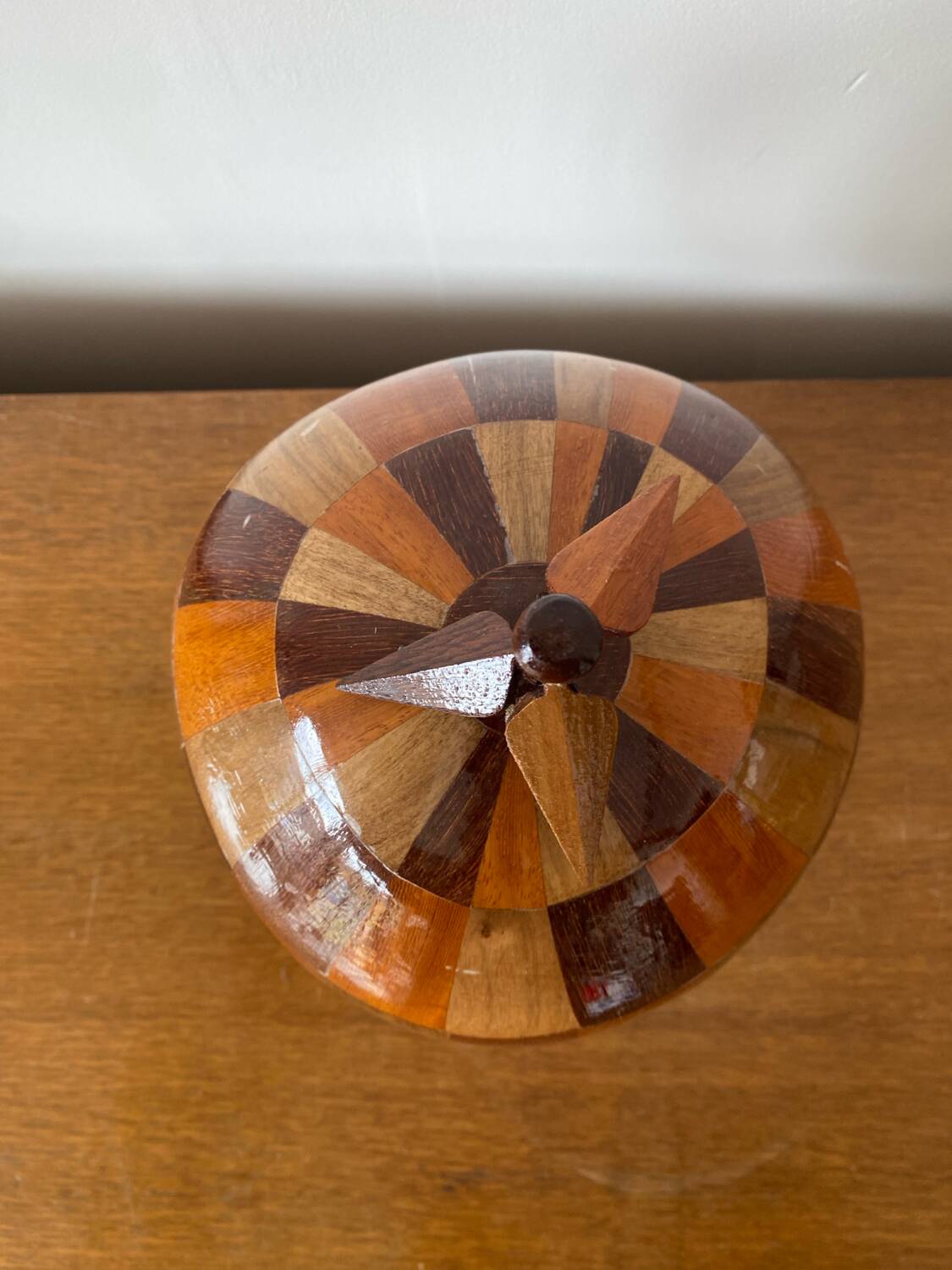 Antique Coconut Ice Bucket Wood Marquetry 1950s Vintage