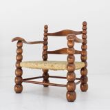Set of Oak and Rush Bobbin Armchairs Charles Dudouyt style , 1940s