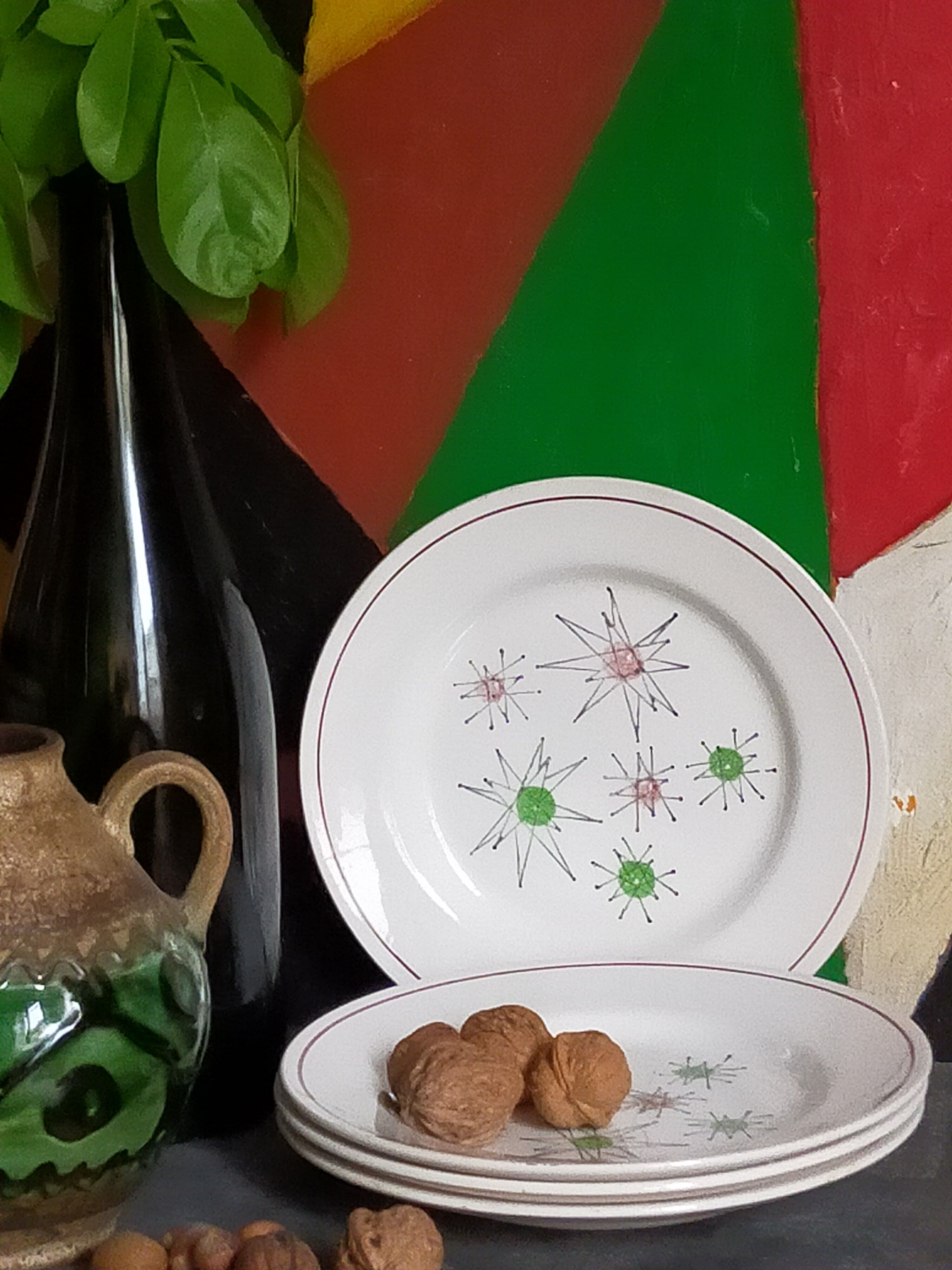 Four french earthenware dessert plates service "Marie-Claude" 50s.