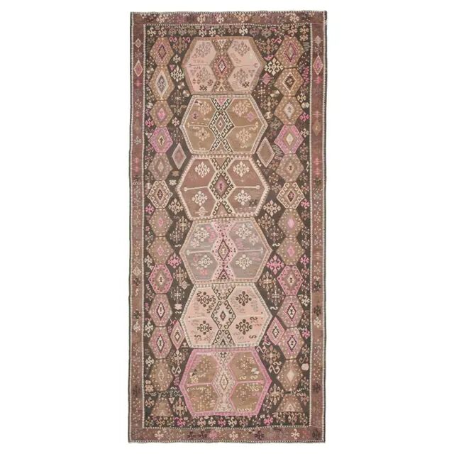 Vintage Turkish Oushak Handmade Wool Cotton Brown Runner Rug 188x416