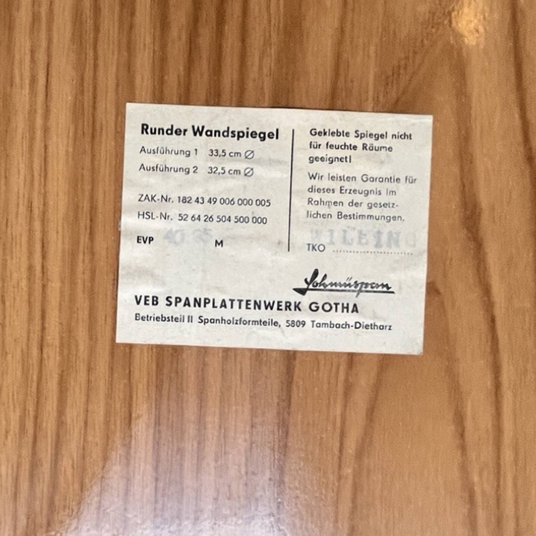 Round wall mirror, veb spanplattenwerk gotha germany, 1970s.