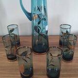 Service à orangeade en verre émaillé bleu et or